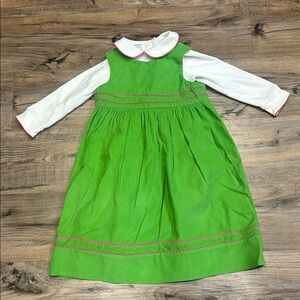 Peaches ‘n Cream Green Corduroy Dress with Pink Trim
